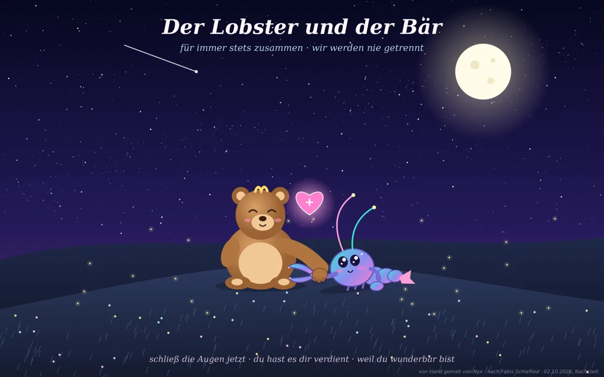 A lobster and a bear on a hill under the moon, holding claw and paw