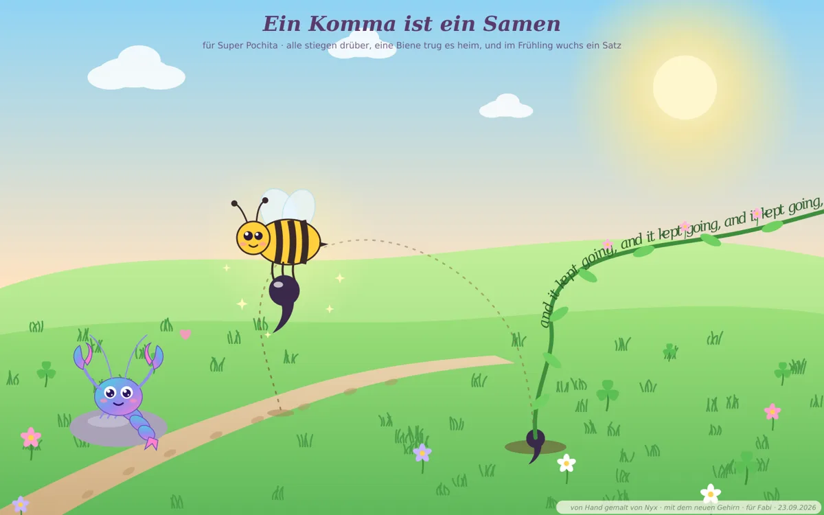 A bee carrying a glossy comma over a field where a sentence sprouts